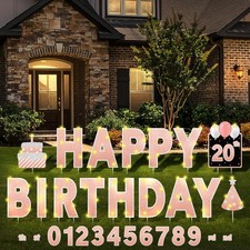 16 Pcs Happy Birthday Yard Signs with Stakes, 32.8 ft LED Lights, 42 Pcs Numb...