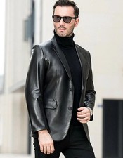 Herren Leder Blazer Jacke - Schwarz Echt Lamm...