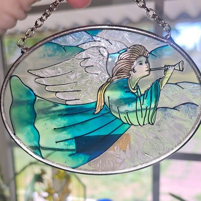Amia Handpainted Glass Suncatcher Angel with Trumpet Blue Teal Oval Hanging Art