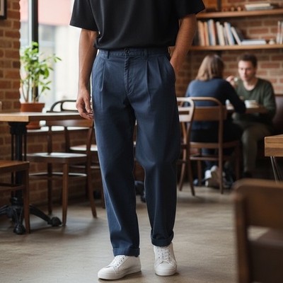 Y2K 36x32 Tommy Hilfiger Mens Pleated Blue Chino Relaxed Casual Mens Pants