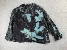 Citron Santa Monica Jacket Womens Large Black Blue Bird Crane Button Embroidered