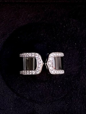 Cartier C De Cartier Black Enamel & Diamond Ring In 18k White Gold Size 53