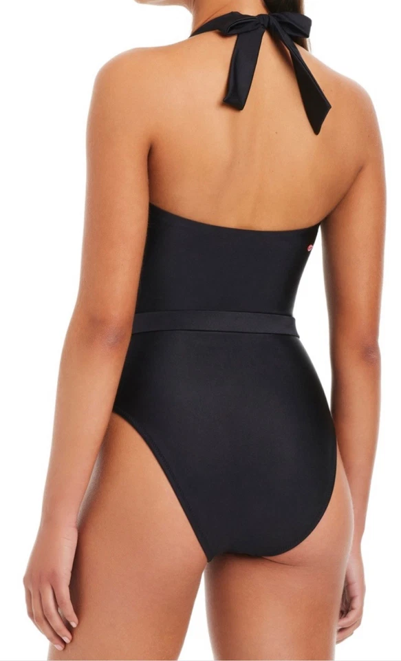Traje de baño de una pieza Red Carter Halter cuello hundido flecos detalle - negro, M, $146 Foto 2 de 4