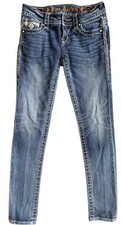 Rock Revival  28 x 30  BLUE Destroyed JEN Skinny Straight JEANS Embellished