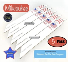 5 Pack Milwaukee 48-00-5092 Sawzall Reciprocating Saw Blade 10 TPI 6" In 5092