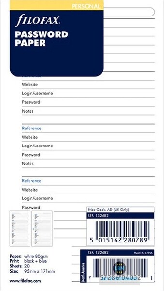 Filofax Personal size Password Paper Organiser Refill 132682