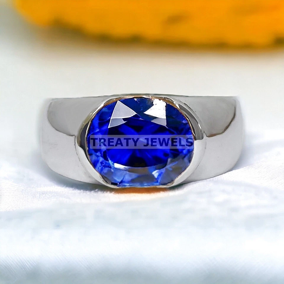 Piedras preciosas de zafiro azul de corte ovalado con anillo de plata de ley 925 para hombre #362 Foto 2 de 4