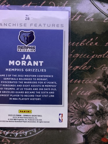 2022-23 DONRUSS JA MORANT FRANCHISE FEATURES INSERT #28 MEMPHIS GRIZZLIES - Picture 6 of 6