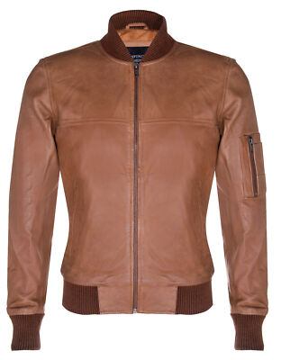 Herren hellbraune Leder Bomberjacke echt echt Retro MA-1 Varsity