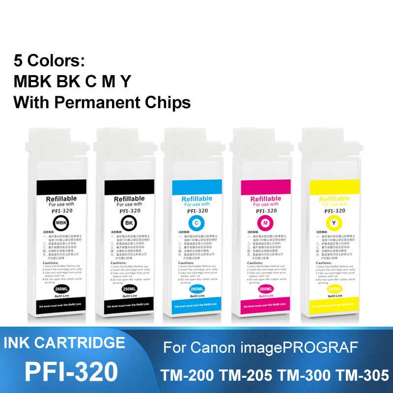 5PC PFI-320 Refillable Ink Cartridge With Chip For Canon TM-200