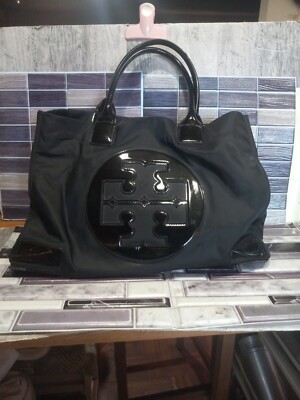 Tory Burch Large Ella Logo Black Nylon Patent Leather Tote Bag
