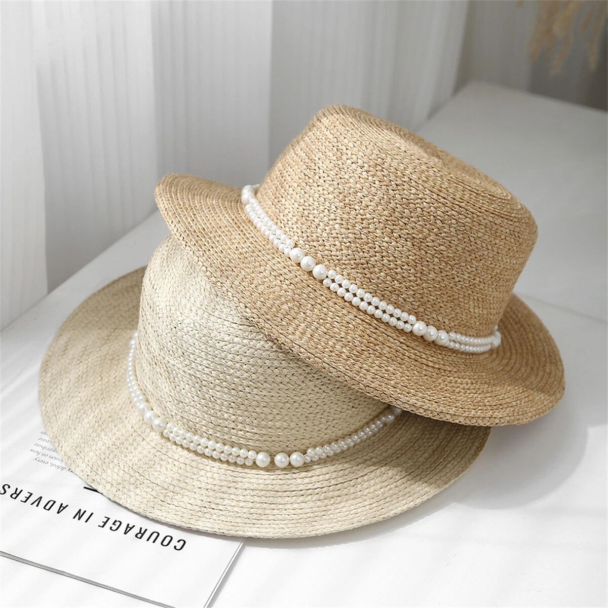 Women's Straw Hat with Pearls Band Elegant Fedora Hat Summer Wide Brim Beach Hat