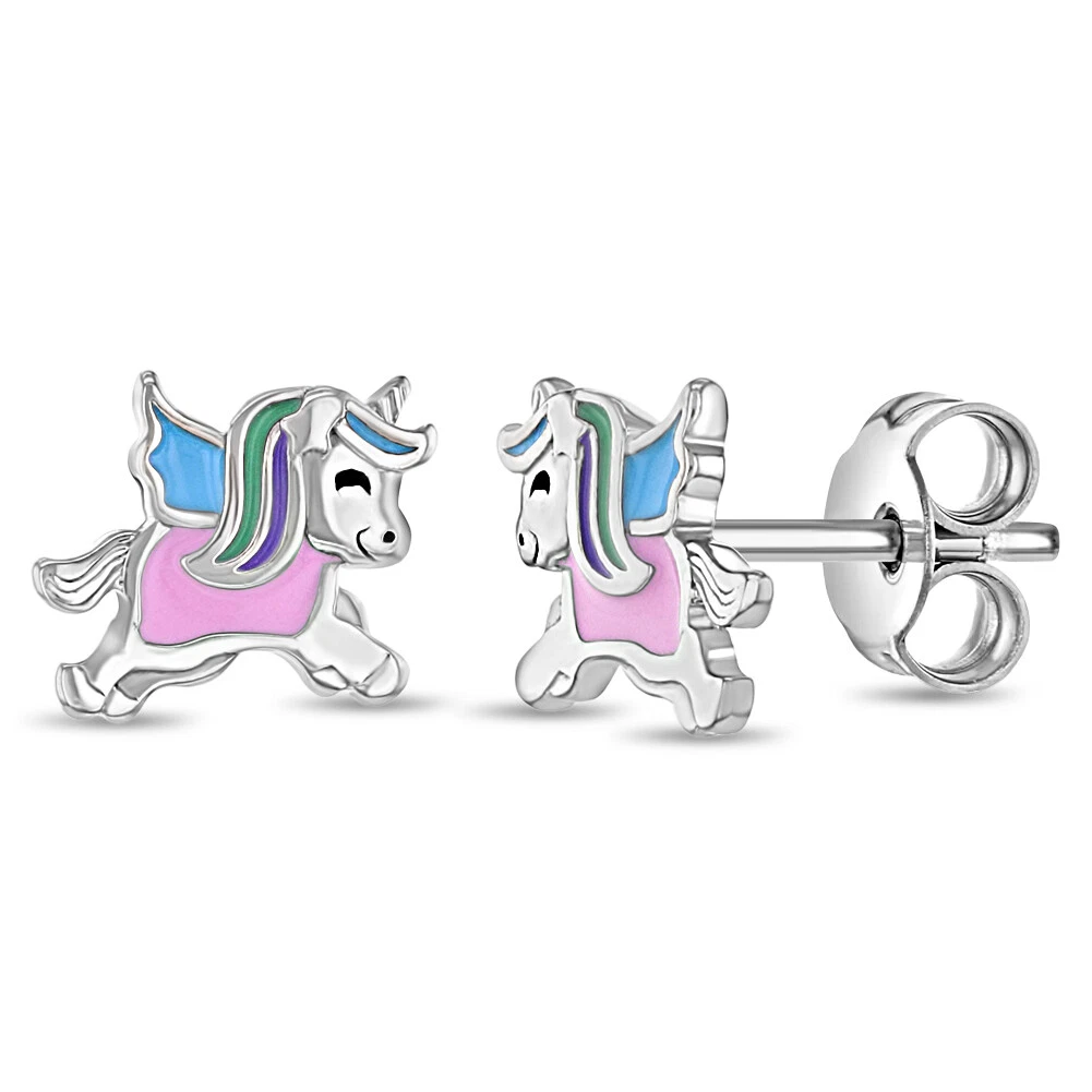Unicorn in Flight Kids Children s Girls Earrings Enamel