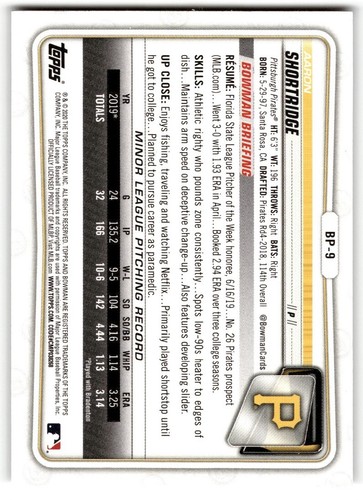 2020 Bowman Prospects Aaron Shortridge #BP-9 Pittsburgh Pirates - Picture 2 of 2