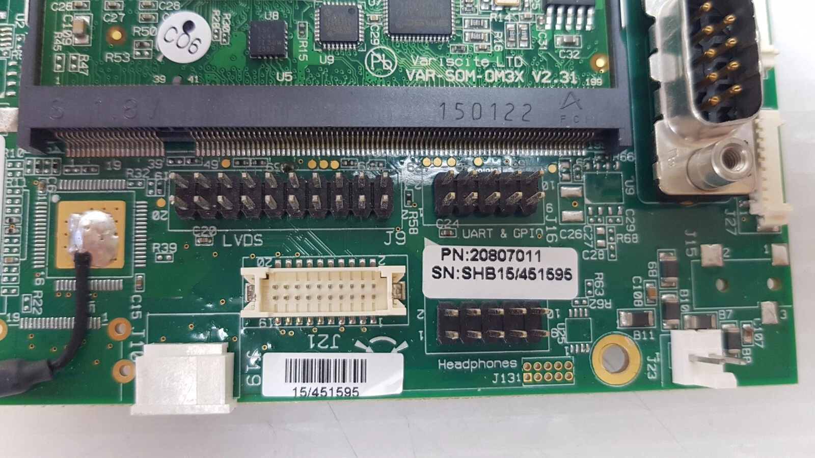 PN 20807011 label and LVDS, UART and headphone headers on the HMI board