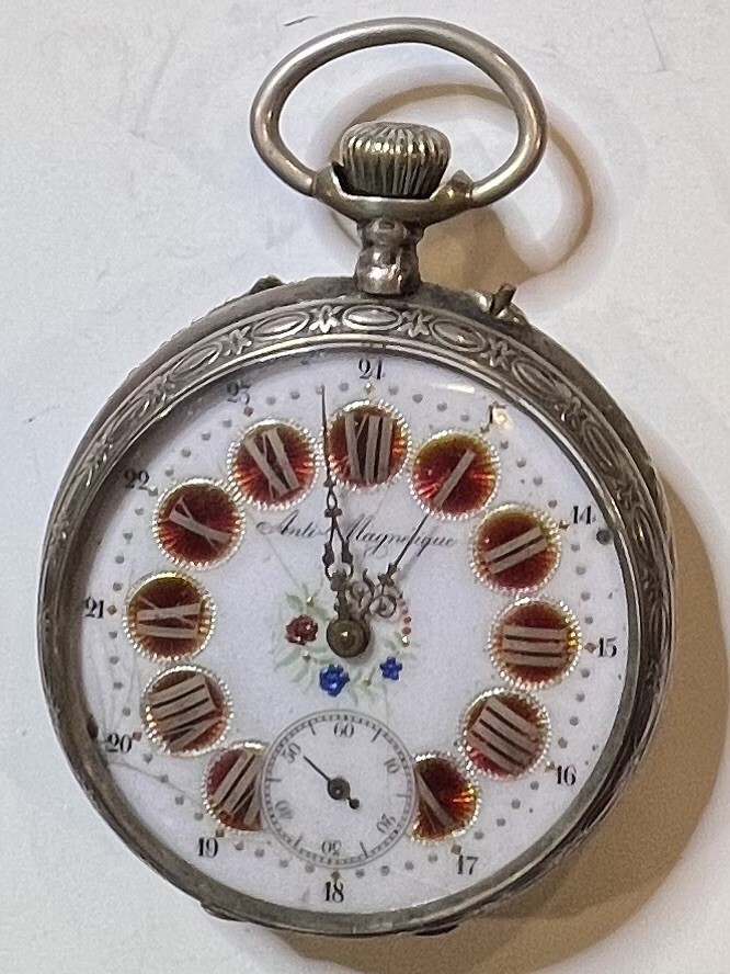 REMONTOIR ANCRE ANTI MAGNETIQUE Train Silver POCKET WATCH 15 RUBIS 