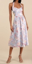 Lulus Blue Pink Floral Sweetheart Halter A-Line Midi Dress Smocked Tie Zip M