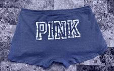 NWT VICTORIA'S SECRET PINK BLUE SILVER LOGO CURVED HEM DORM BOYSHORT PANTIES
