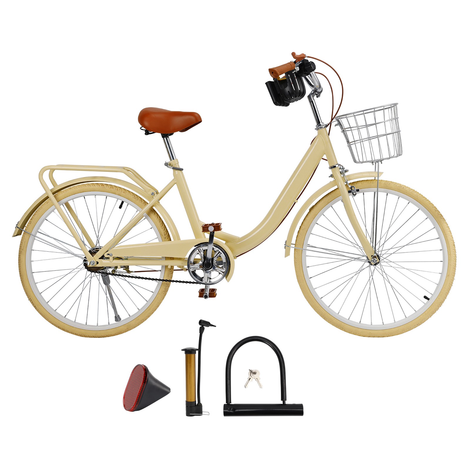24 inch Women City Bicycle Beach Cruiser Bike w/ Basket & Rack Yellow