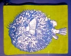 Mud Pie Cosmetic Travel Bag Green[Jute] W/Blue Puffer Fish Image