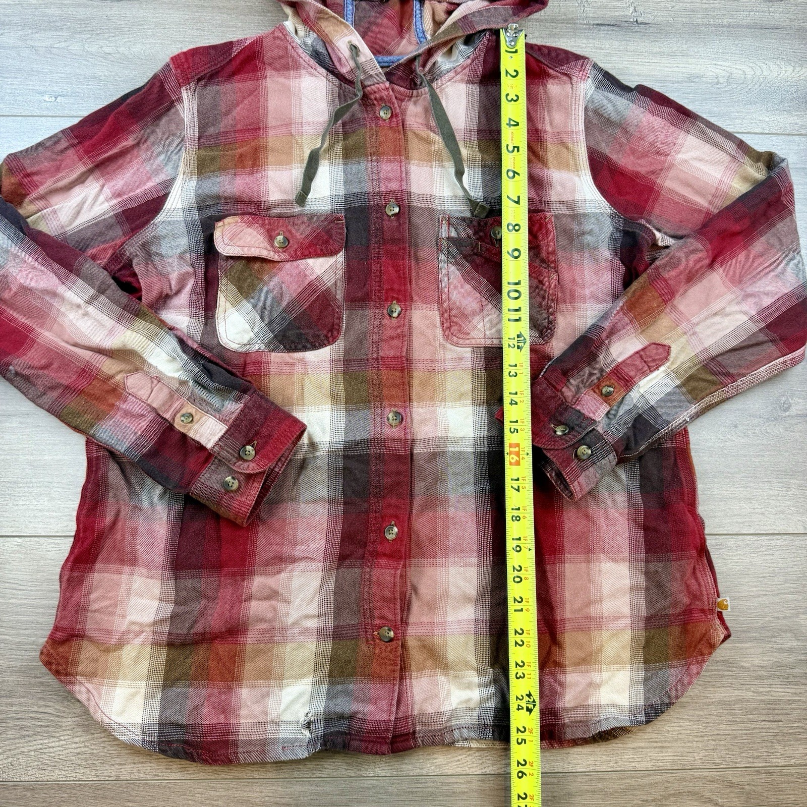 Carhartt Beartooth Hooded Flannel Shirt Button Up Women's Large Drawstring Cabin thumbnail 13