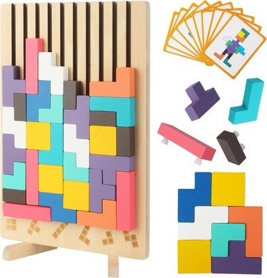 Holzpuzzle Tetris Kinder 3D Tetris Holzspiel, Spielzeug Montessori-Spiele 3 4 5