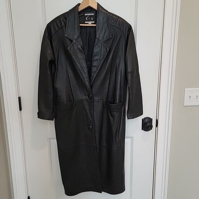 Vtg Global Identity G-III Black Leather Trench Coat Womens Sz Small Button Front