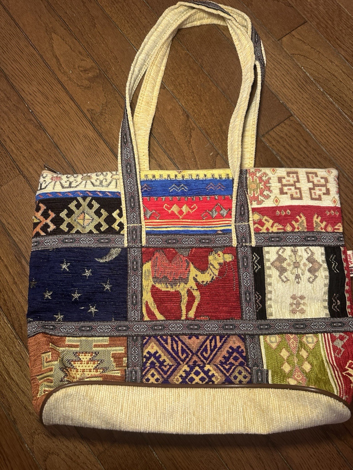Han Handicrafts Boho Kilim Tapestry Tote Camel Patchwork  Woven Shoulder Bag