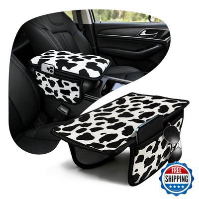 Juyqz Cow Print Armrest Cover 2 Side Pockets Storage Bags Cute Cow Car