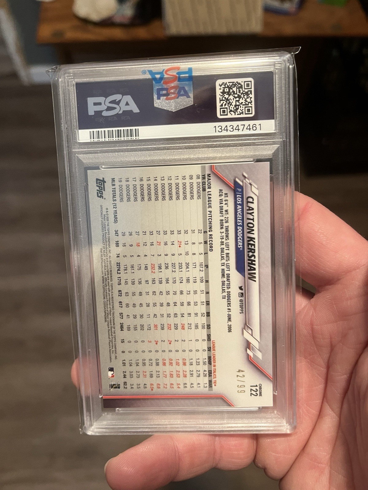 2020 Topps Chrome Clayton Kershaw #122 Green Wave Refractor /99 PSA 10 view 3