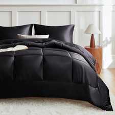 Queen Comforter Set Black, Reversible Satin Microfiber Comforter Set for All Sea