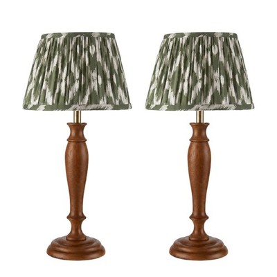 2er Set Tischlampe Nachttischlampen aus dunklem Holz 47 cm mit abstraktem Ikat Schirm