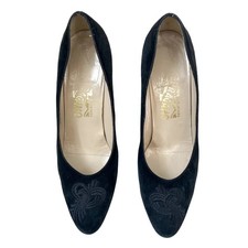 vintage Salvatore Ferragamo pumps black suede Heels embroidered pointed toes 7