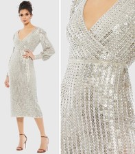 Mac Duggal 10809 Midi Dress Size 12 Silver Long bishop sleeve V-Neck Lined NWT