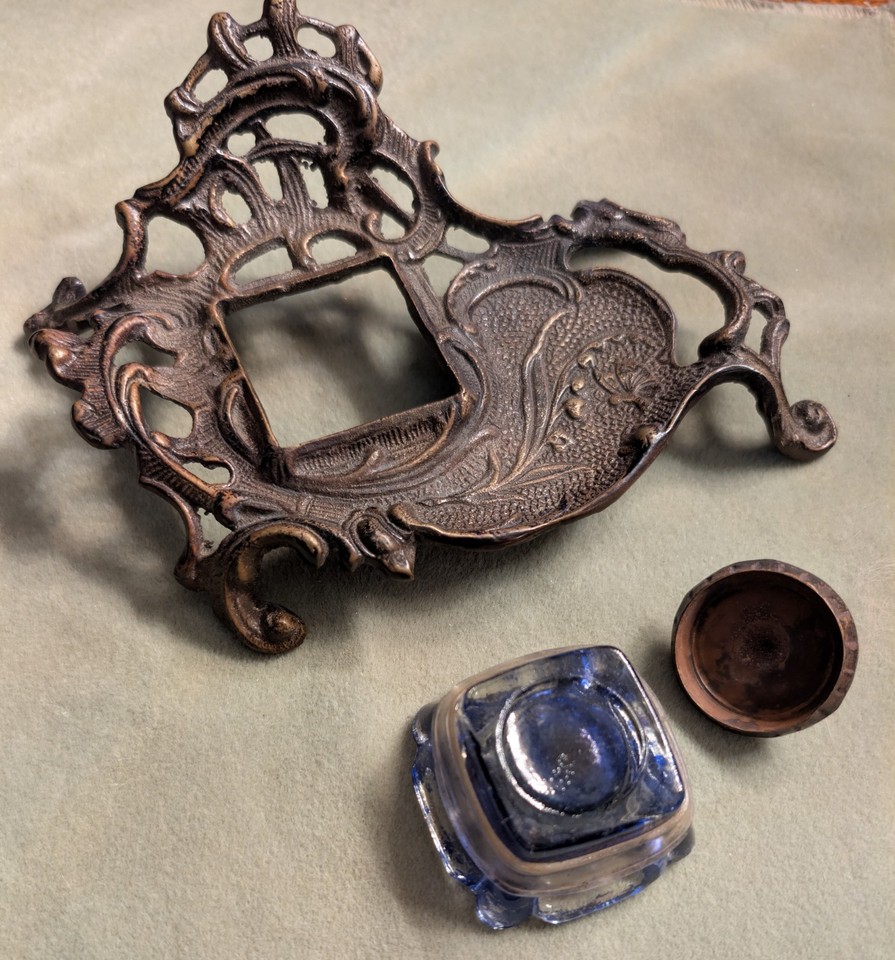 Antique Brass Art Nouveau Desk Inkwell w glass ink container & Lid | eBay