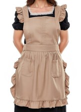 Retro Adjustable Ruffle Apron with Pockets, Small to Plus Size Ladies Cappucino