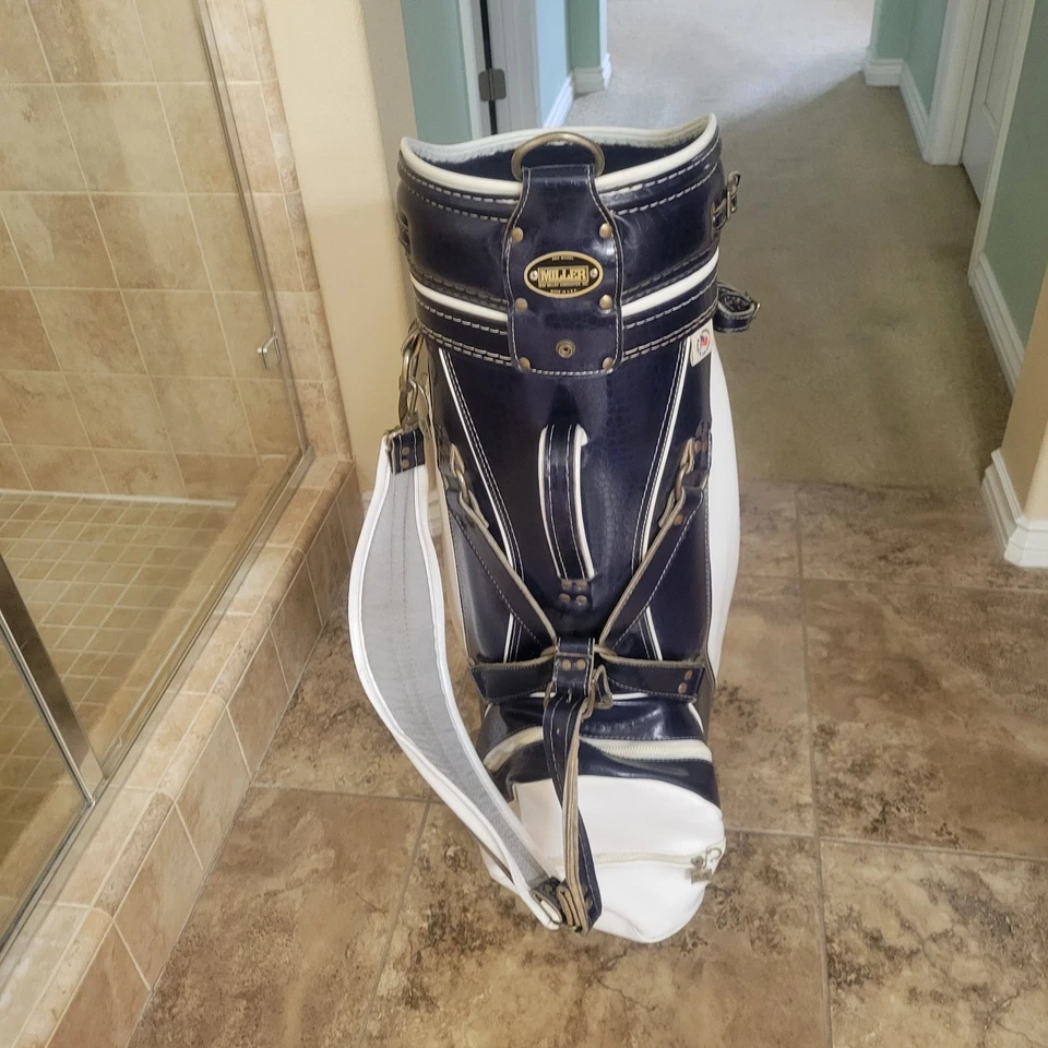 Bolsa de golf de 6 vías Ron Miller de cuero Staff de colección con correa azul blanco Foto 2 de 4