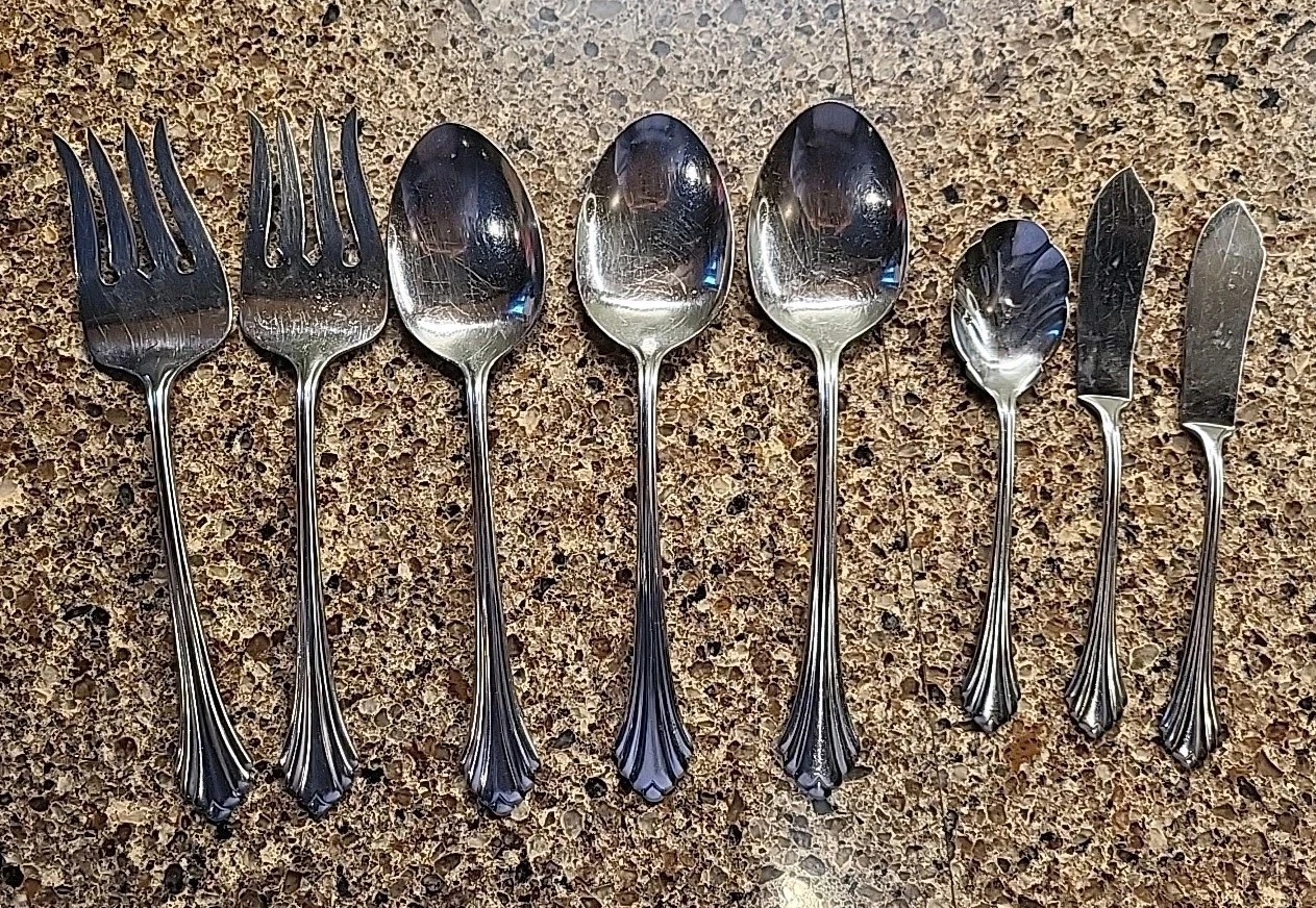 Oneida BANCROFT Stainless Flatware Lot Of 8 SERVING Spoons, Forks, Butter, Sugar