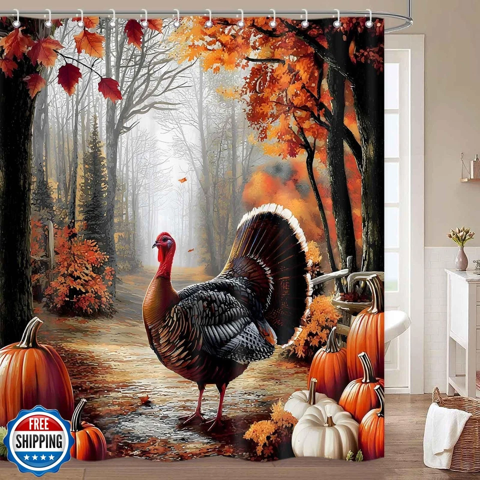 MDDGKH Otoño Acción de Gracias Pavo Cortina de Ducha, Hojas de Otoño Cosecha de Calabaza Foto 2 de 4
