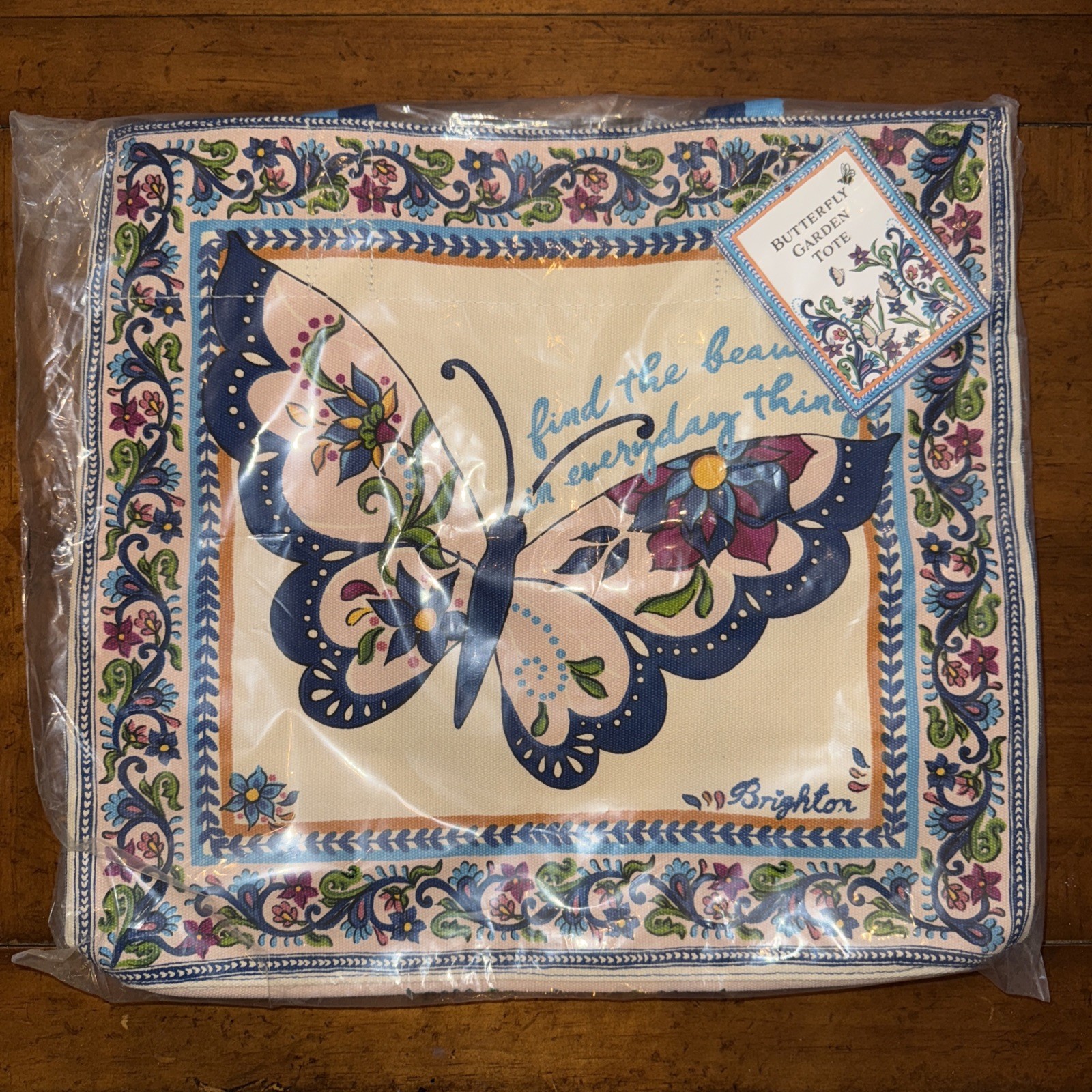 Brighton Beige Blue Multicolor Butterfly Garden Canvas Tote