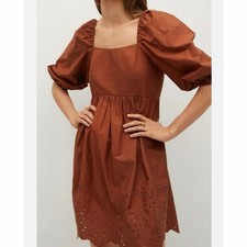 Mango Burnt Orange Puff Sleeve Eyelet Hem Babydoll Mini Dress 100% Cotton Size 8