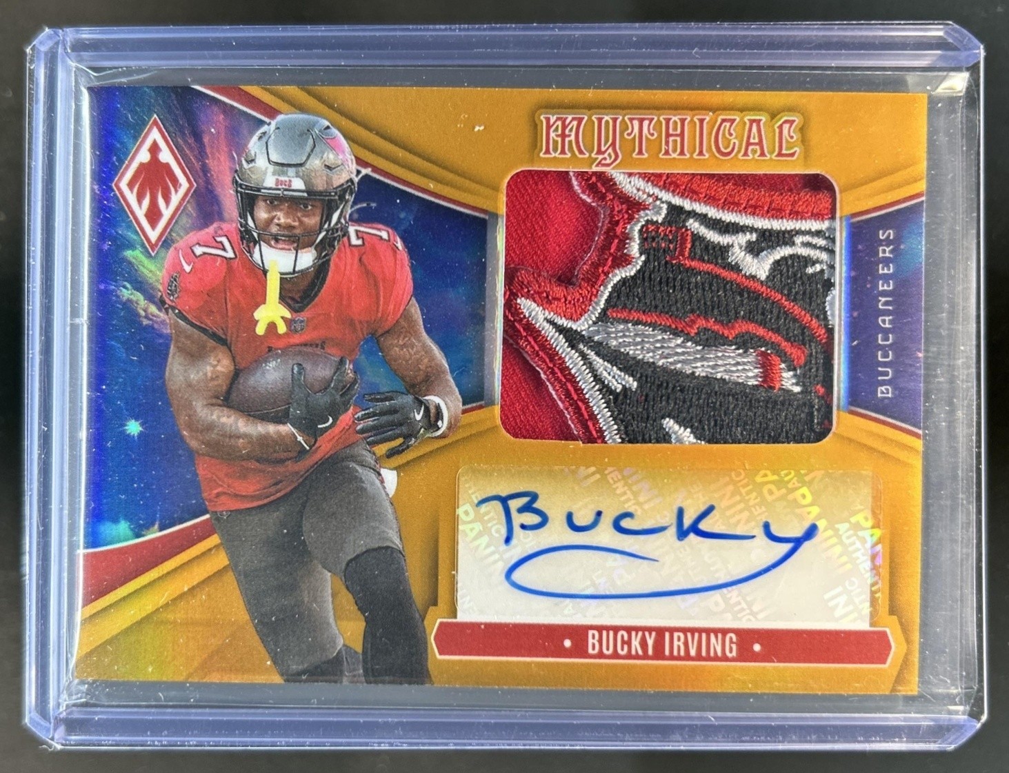 2025 Panini Phoenix Bucky Irving Mythical Patch Auto Gold Prizm #/10 Buccaneers