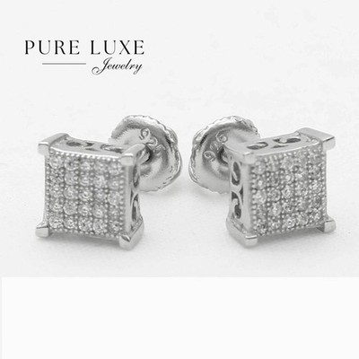 Men's Sterling Silver 925.Cubic zirconia 7mm Square*Studs Earring*Unisex.Box