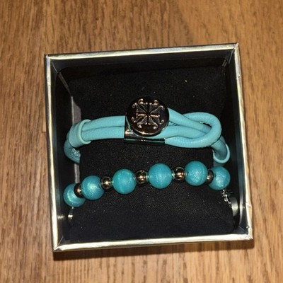GIFT BOXED NEW Rustic Cuff Set of Two Bracelets Leather and Stainless Turquoise