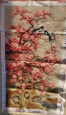 Large Hand Stitched Cherry Blossom Magpie Cross Stitch Canvas Completed 44"x24"