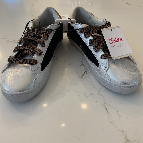 Justice Sport Sneakers Cheetah Print Black Silver Gold Low Top Casual Size 3 NEW - Picture 6 of 10