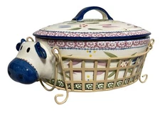 Temp-Tations Presentable Ovenware Blue Cow Casserole Dish 2.5 Qt & Basket
