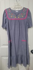 Adonna Sleepwear Nightgown Blue Embroidered Flowers Front Pockets Size M/L READ