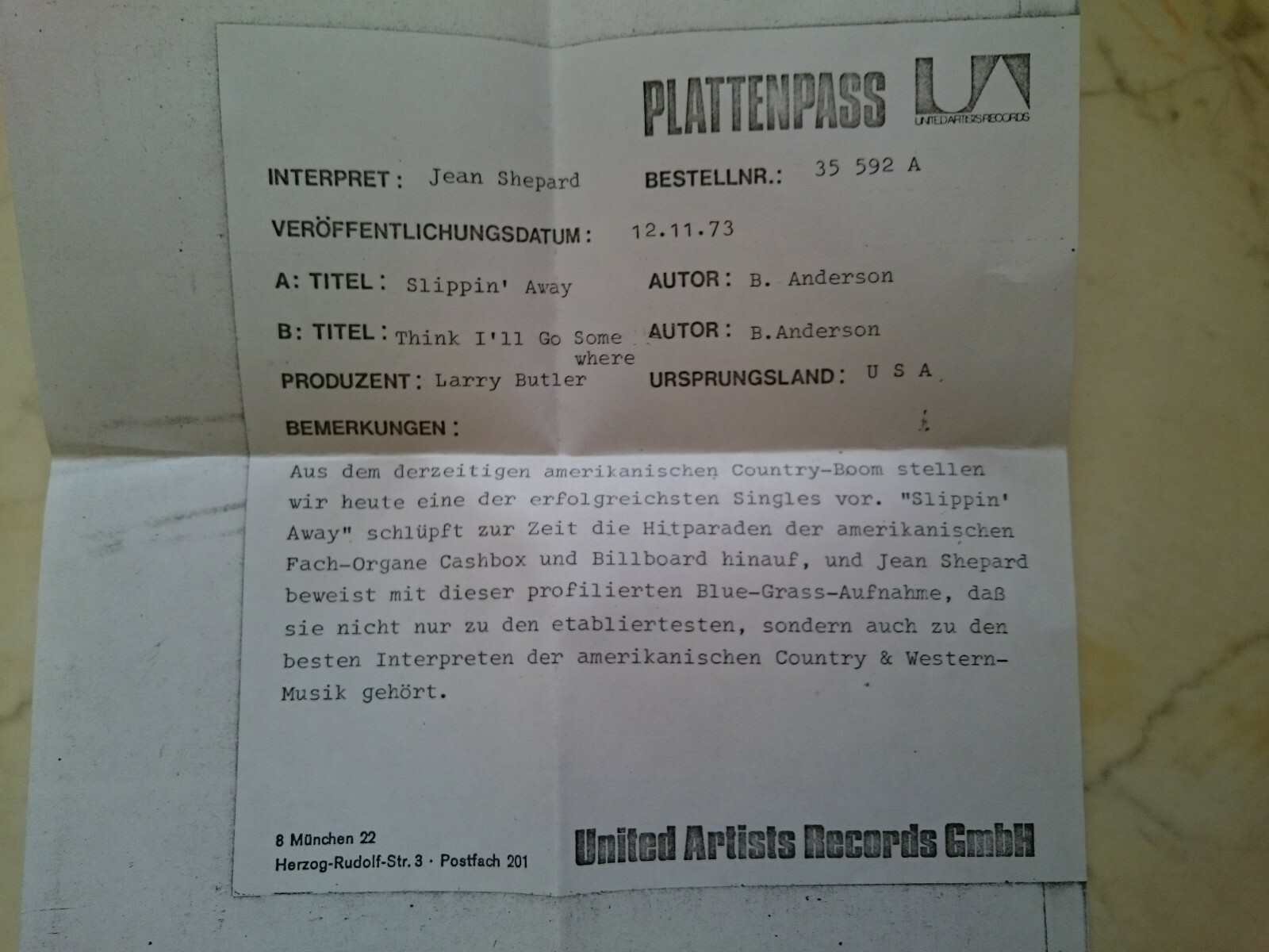 Jean Shepard Slippin´ Away / Think I ´ Ll Go Somewhere Allemand Ua 1973