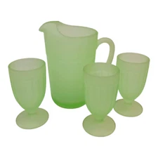 Indiana Glass Vintage Satin Frosted Ribbed Green Pitcher & 3 Goblet Glasses